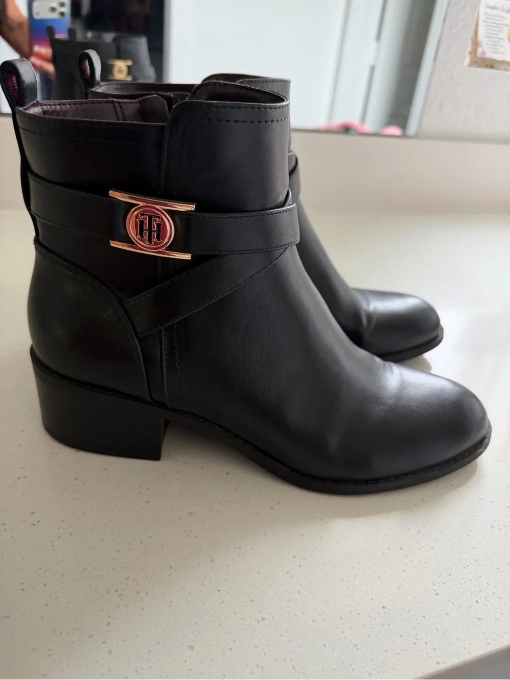 Tommy Hilfiger Black Leather Ankle Booties with Gold Logo Accent
